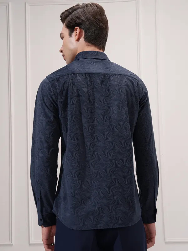 Highlander Men Navy Blue Self Design Slim Fit Casual Shirt