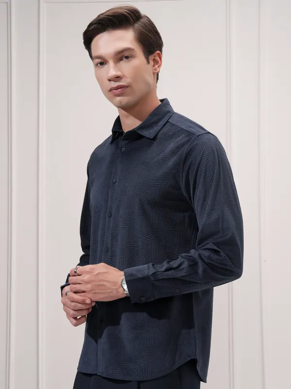 Highlander Men Navy Blue Self Design Slim Fit Casual Shirt