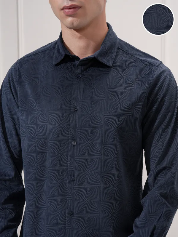 Highlander Men Navy Blue Self Design Slim Fit Casual Shirt