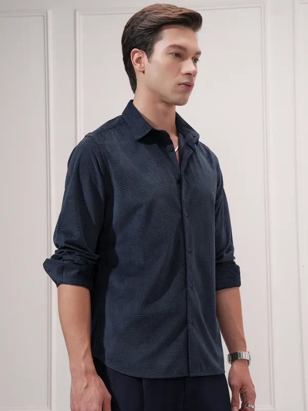 Highlander Men Navy Blue Self Design Slim Fit Casual Shirt
