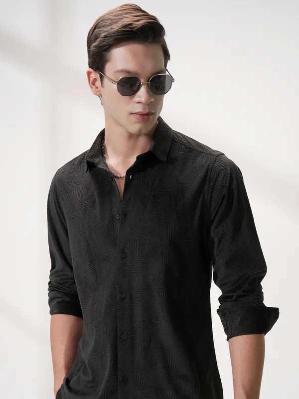 Highlander Men Black Self Design Slim Fit Casual Shirt
