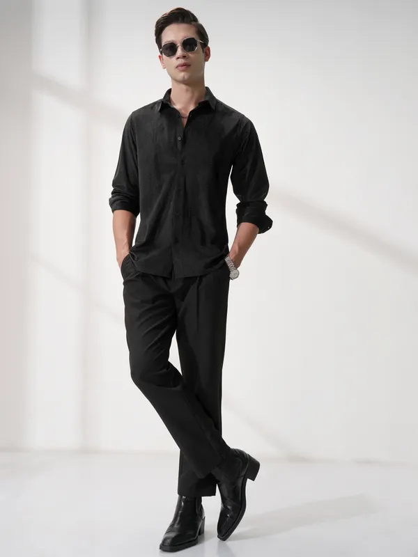 Highlander Men Black Self Design Slim Fit Casual Shirt