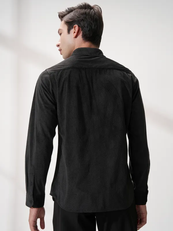 Highlander Men Black Self Design Slim Fit Casual Shirt
