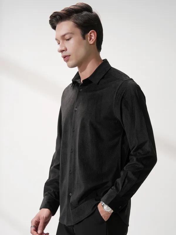 Highlander Men Black Self Design Slim Fit Casual Shirt