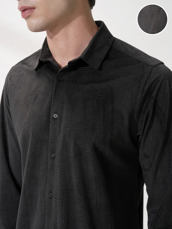 Highlander Men Black Self Design Slim Fit Casual Shirt