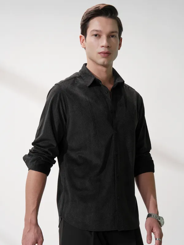 Highlander Men Black Self Design Slim Fit Casual Shirt