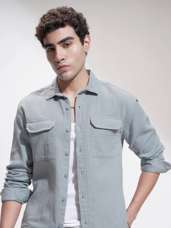 Highlander Men Grey Self Design Slim Fit Casual Shirt