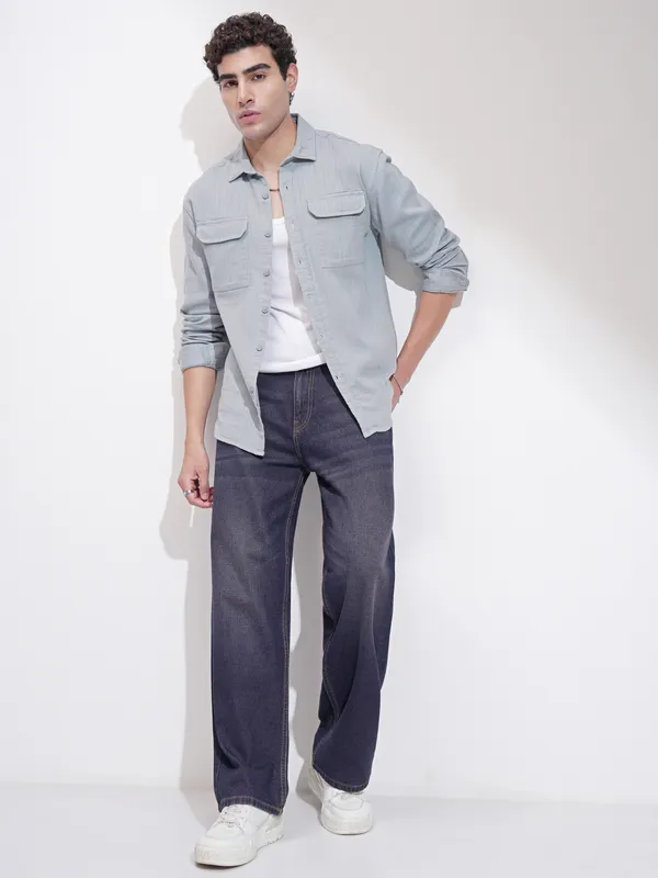 Highlander Men Grey Self Design Slim Fit Casual Shirt