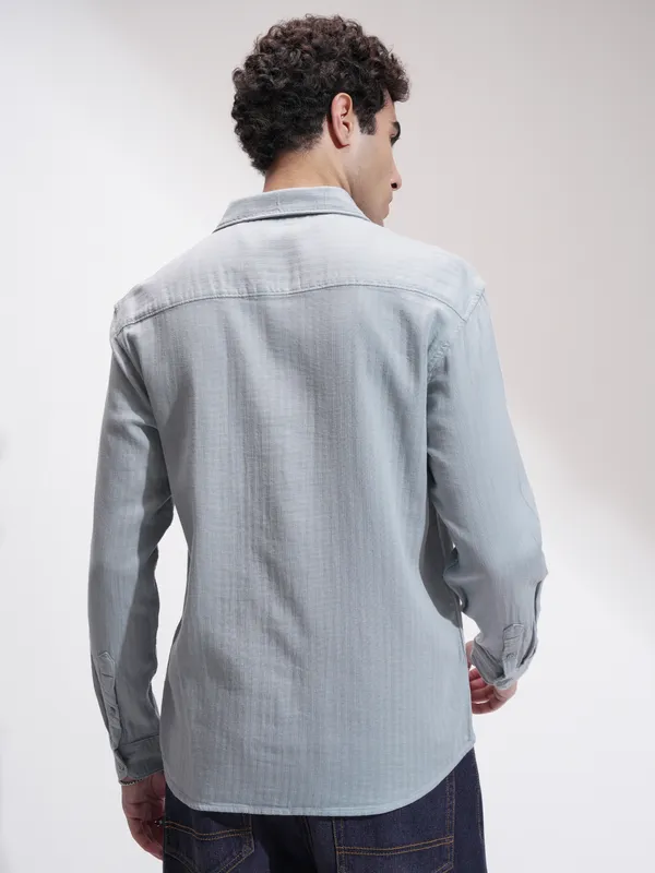 Highlander Men Grey Self Design Slim Fit Casual Shirt