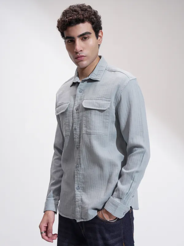 Highlander Men Grey Self Design Slim Fit Casual Shirt
