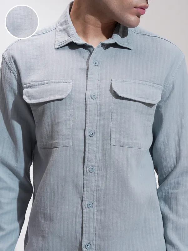 Highlander Men Grey Self Design Slim Fit Casual Shirt