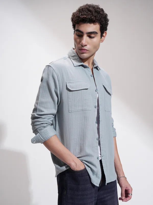 Highlander Men Grey Self Design Slim Fit Casual Shirt