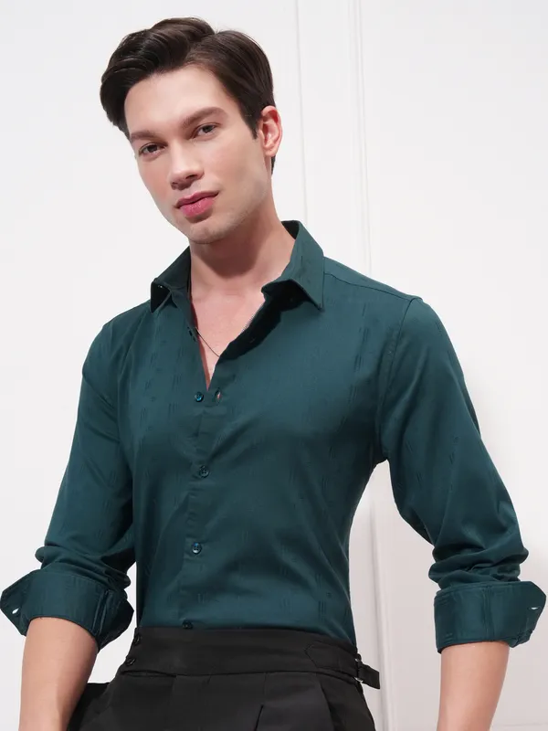 Highlander Men Teal Self Design Slim Fit Casual Shirt