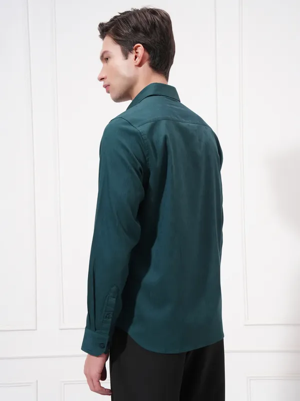 Highlander Men Teal Self Design Slim Fit Casual Shirt