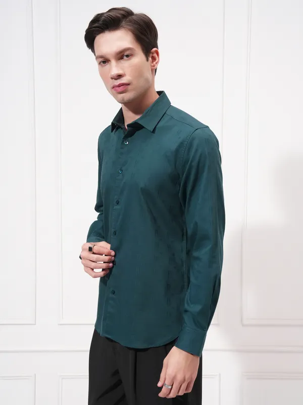 Highlander Men Teal Self Design Slim Fit Casual Shirt
