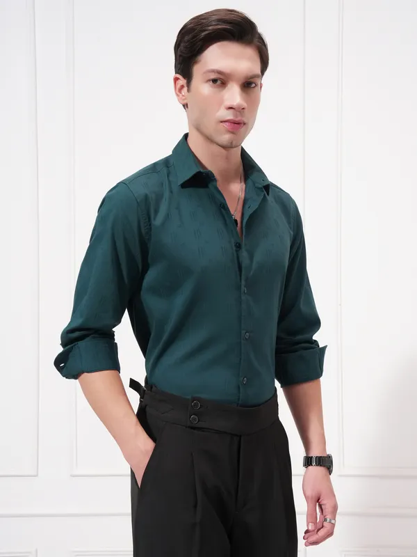 Highlander Men Teal Self Design Slim Fit Casual Shirt