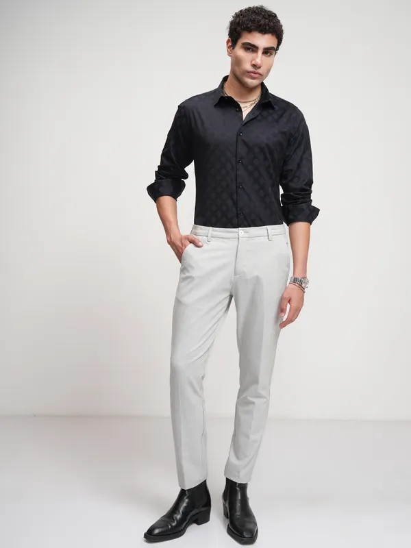 Highlander Men Black Self Design Slim Fit Casual Shirt