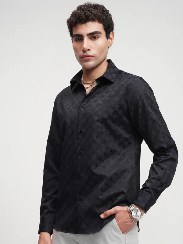 Highlander Men Black Self Design Slim Fit Casual Shirt