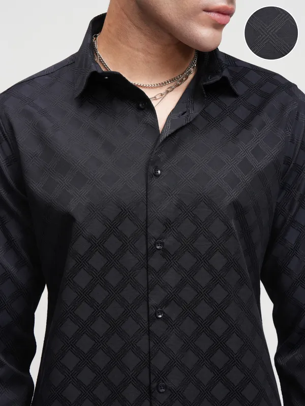 Highlander Men Black Self Design Slim Fit Casual Shirt