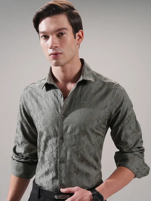 Highlander Men Olive Self Design Slim Fit Casual Shirt