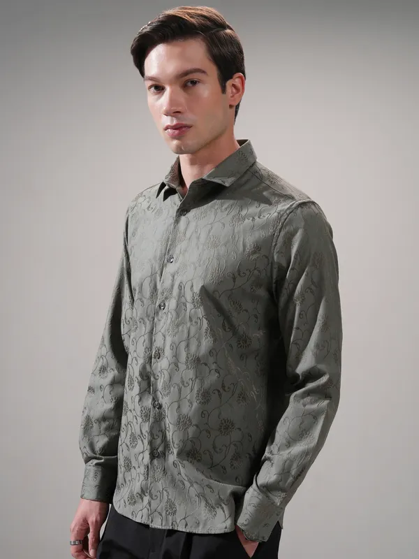 Highlander Men Olive Self Design Slim Fit Casual Shirt
