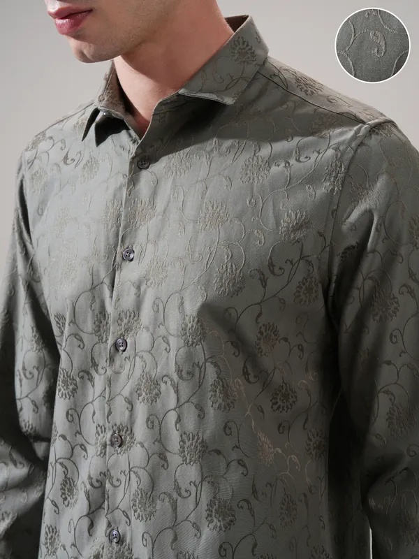 Highlander Men Olive Self Design Slim Fit Casual Shirt