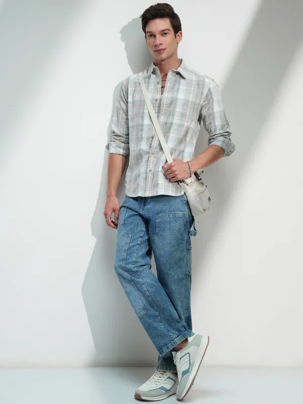 Highlander Men Tan Checked Slim Fit Casual Shirt