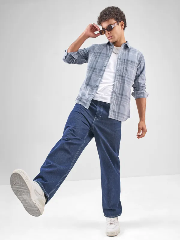 Highlander Men Blue Checked Slim Fit Casual Shirt