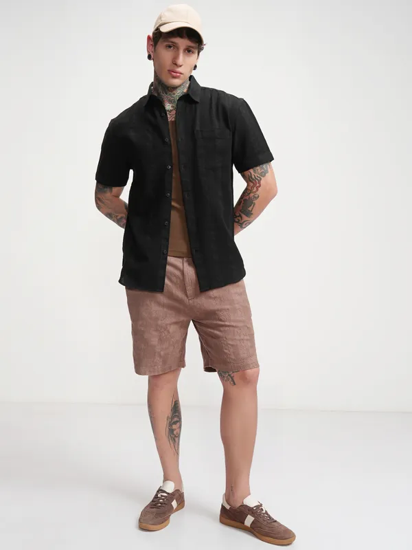 Highlander Men Black Self Design Relaxed Fit Casual Shirt