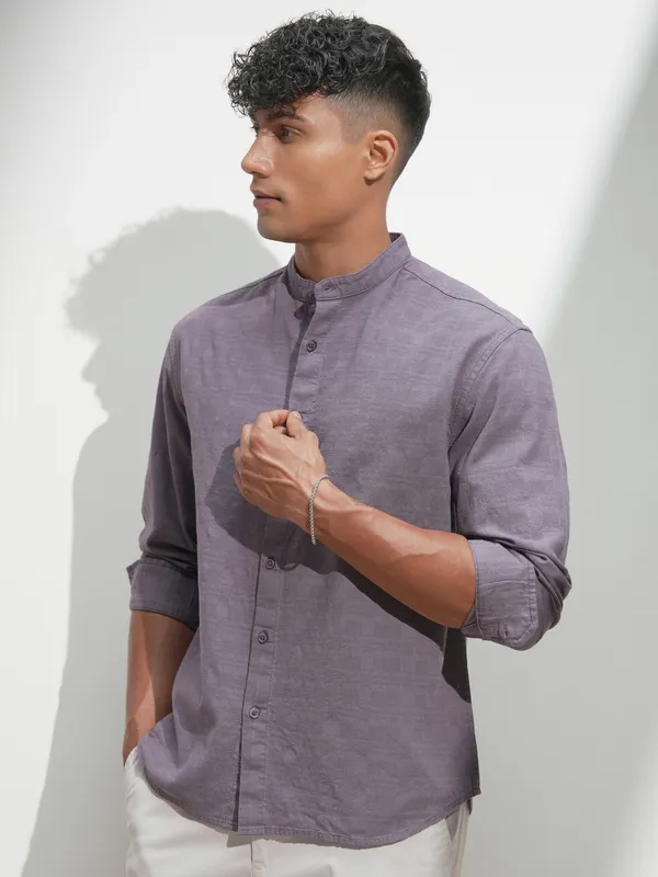 Highlander Men Purple Self Design Relaxed Fit Casual Shirt