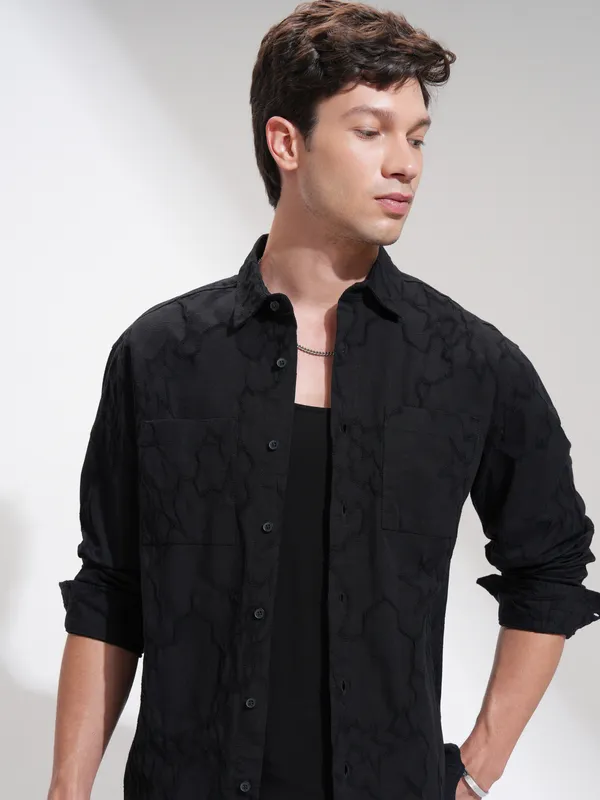 Highlander Men Black Self Design Relaxed Fit Casual Shirt