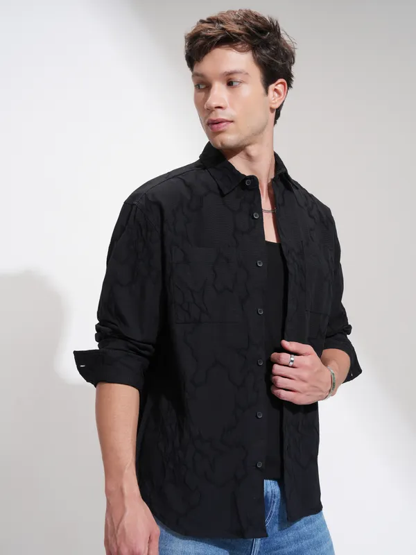 Highlander Men Black Self Design Relaxed Fit Casual Shirt