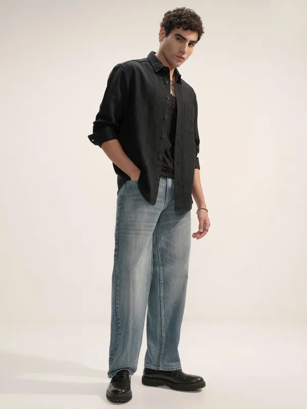 Highlander Men Black Self Design Relaxed Fit Casual Shirt