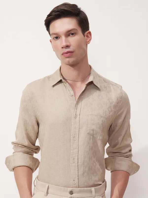 Highlander Men Beige Self Design Slim Fit Casual Shirt