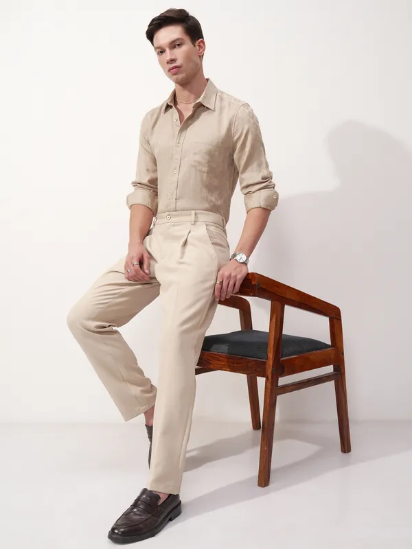 Highlander Men Beige Self Design Slim Fit Casual Shirt