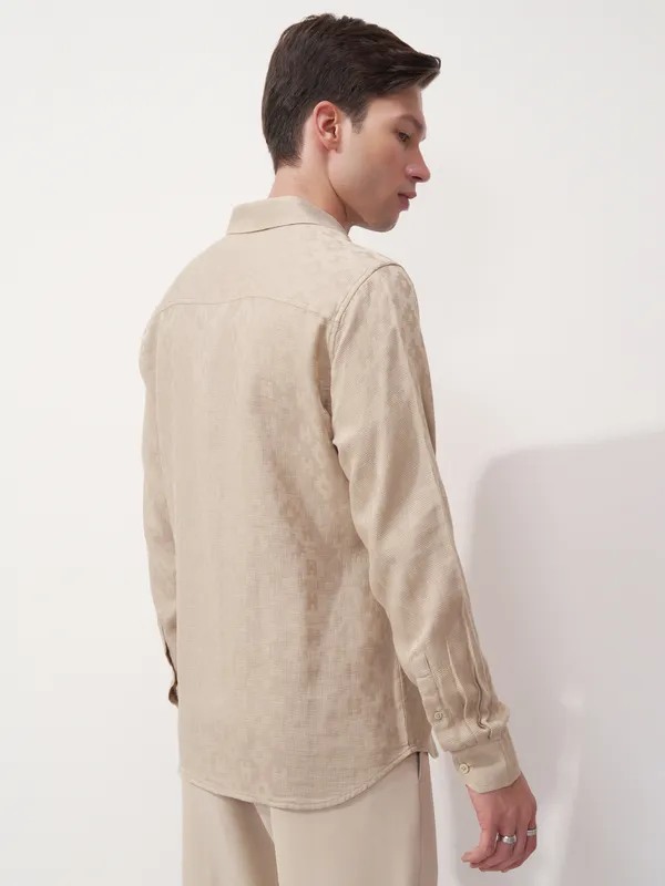 Highlander Men Beige Self Design Slim Fit Casual Shirt