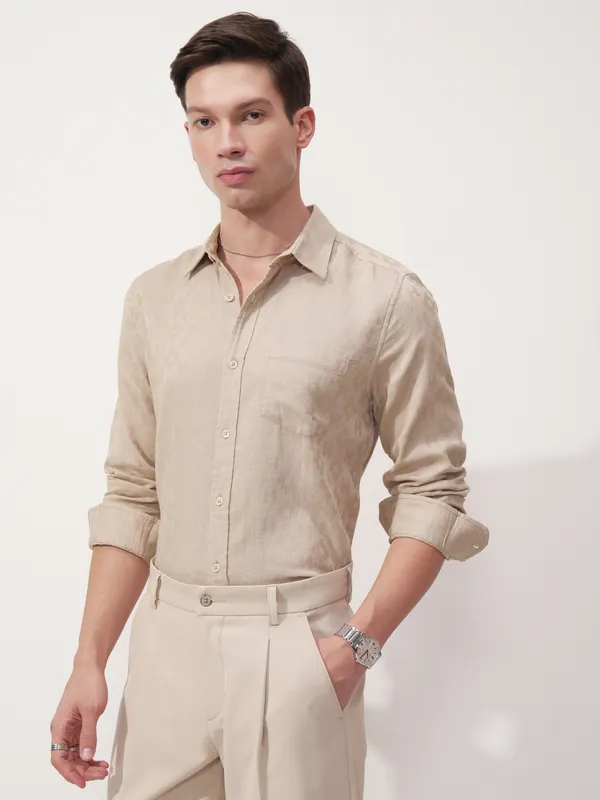 Highlander Men Beige Self Design Slim Fit Casual Shirt