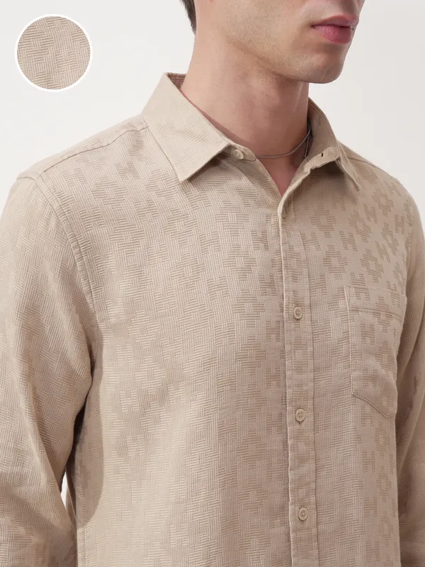 Highlander Men Beige Self Design Slim Fit Casual Shirt