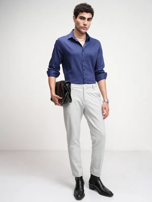 Highlander Men Blue Self Design Slim Fit Casual Shirt