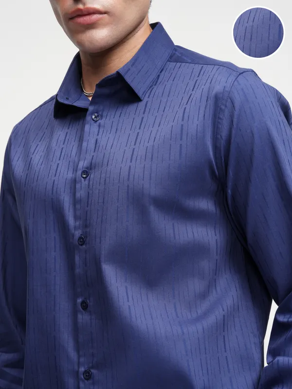 Highlander Men Blue Self Design Slim Fit Casual Shirt