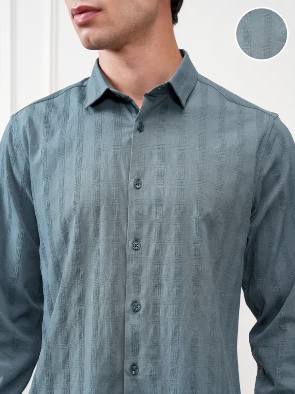 Highlander Men Teal Striped Slim Fit Casual Shirt