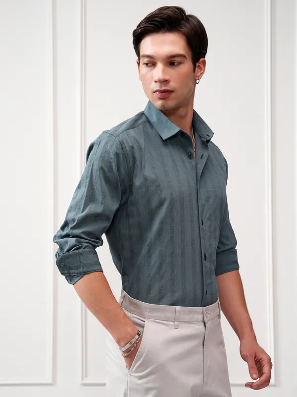 Highlander Men Teal Striped Slim Fit Casual Shirt