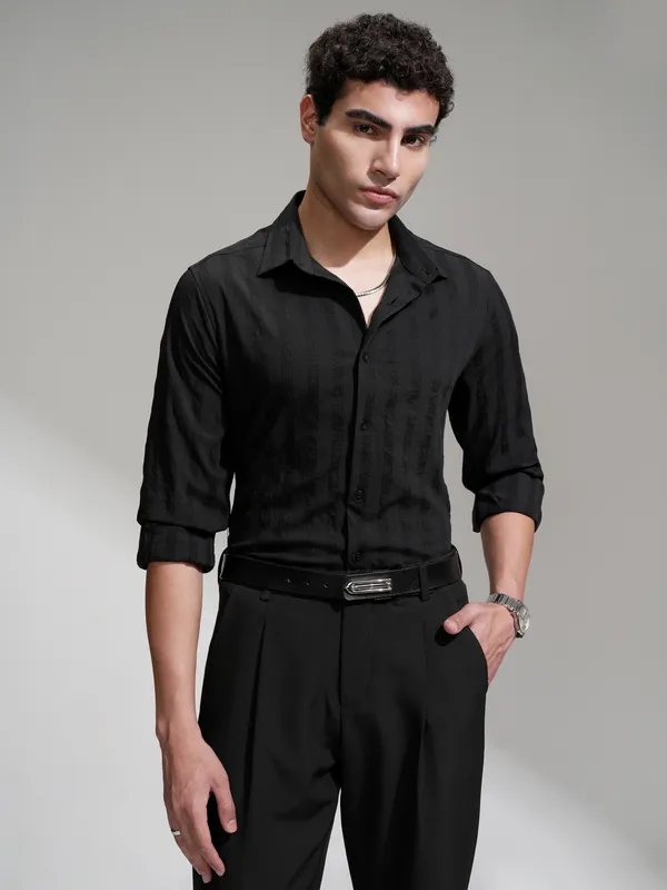 Highlander Men Black Self Design Slim Fit Casual Shirt