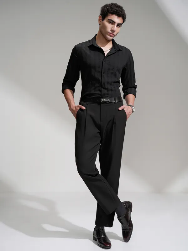 Highlander Men Black Self Design Slim Fit Casual Shirt