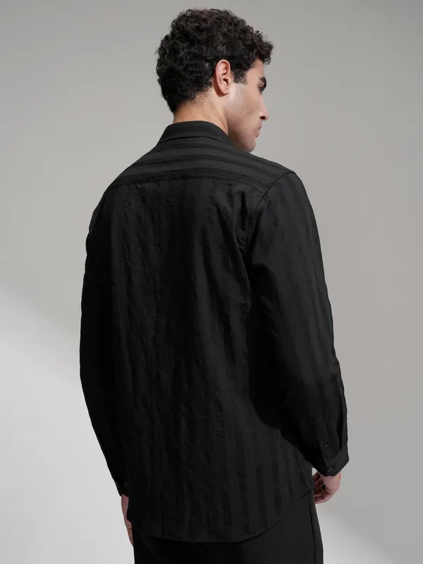 Highlander Men Black Self Design Slim Fit Casual Shirt