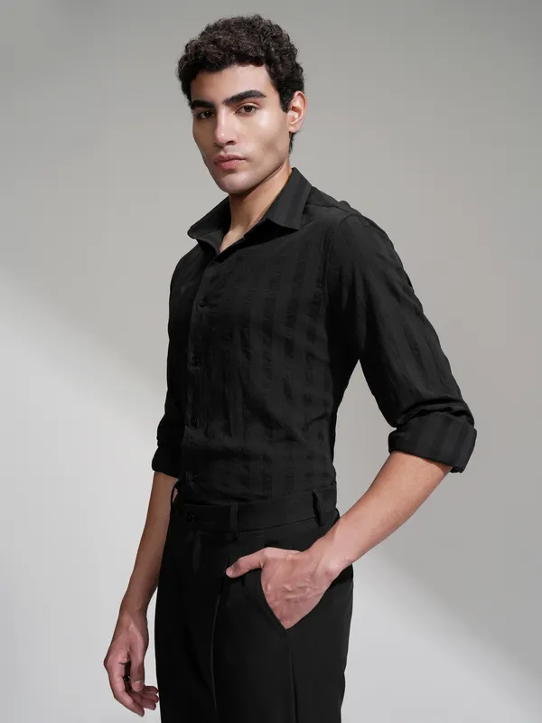 Highlander Men Black Self Design Slim Fit Casual Shirt