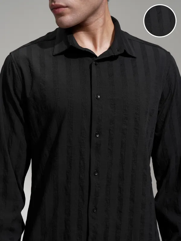 Highlander Men Black Self Design Slim Fit Casual Shirt