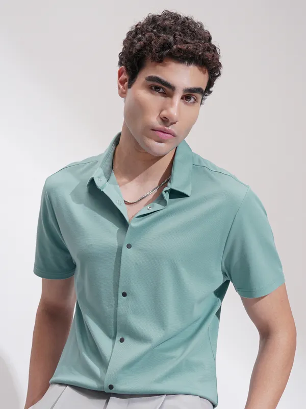 Highlander Men Green Self Design Slim Fit Casual Shirt