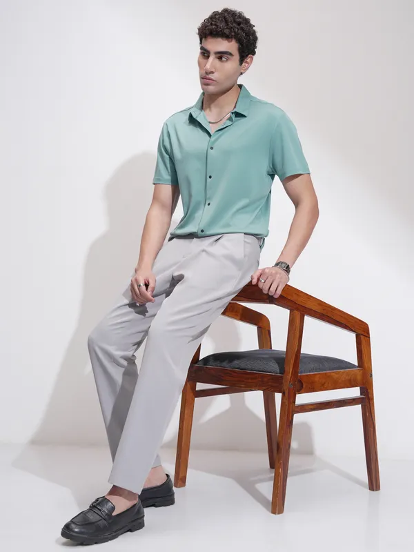 Highlander Men Green Self Design Slim Fit Casual Shirt