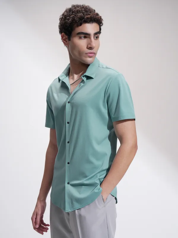 Highlander Men Green Self Design Slim Fit Casual Shirt